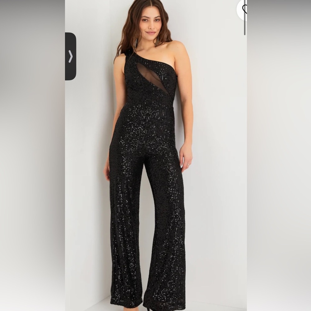 Sparkling Icon Black Sequin One-Shoulder Mesh Cutout Jumpsuit Large